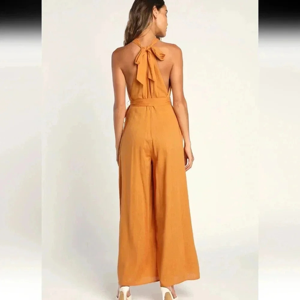 Lulus Reach for Radiance Marigold Halter Wide-Leg Jumpsuit Size M NWT - Picture 4 of 14